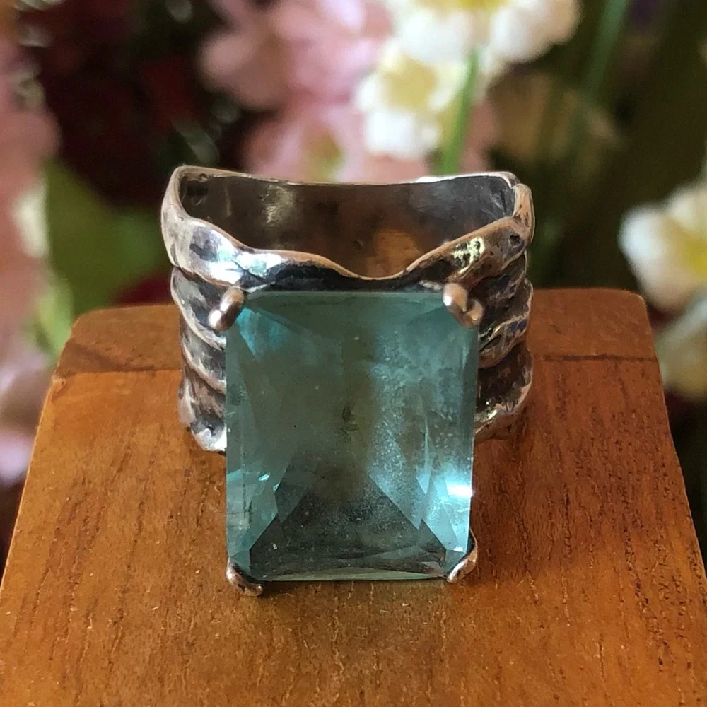 Vintage Silpada Sterling Silver Aqua Glass Statement Ring Size 8 - Picture 11 of 14